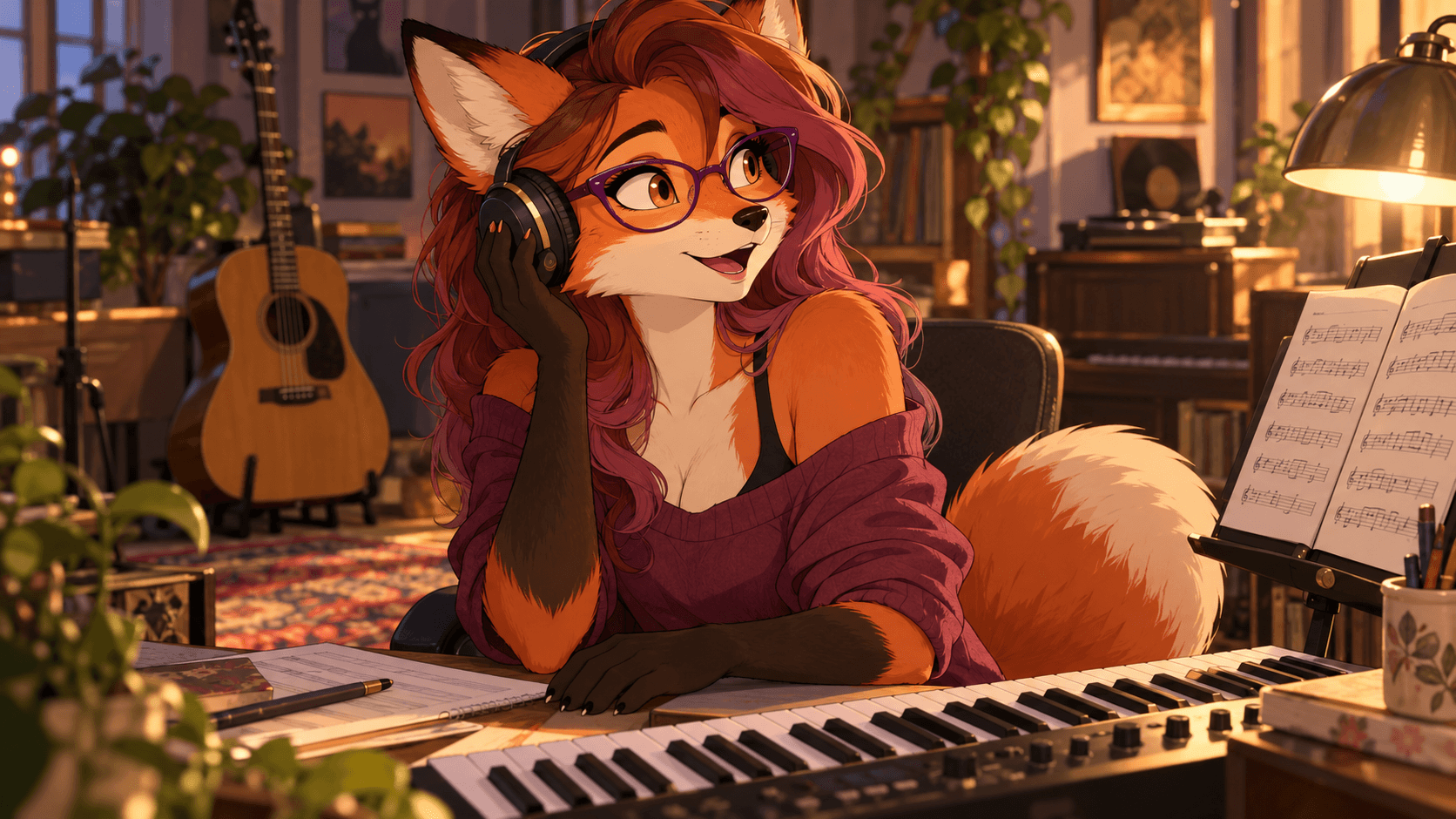 Moxie listening to music beside a keyboard
