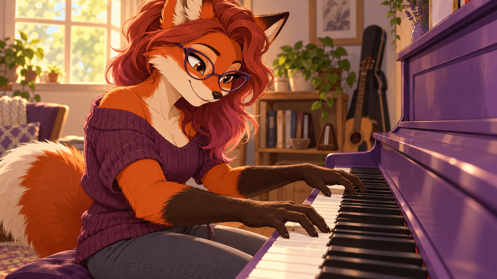 Moxie, a fox with purple glasses, playing a purple piano